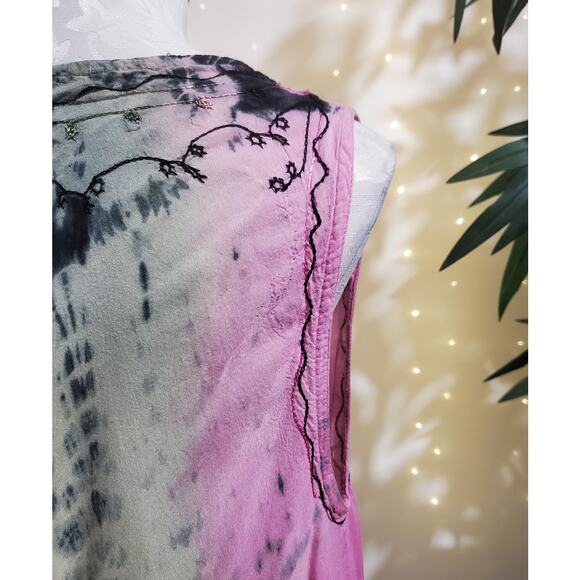 Henna VTG Embroidered Tie Dye Twirl Midi Dress Womens One Size Hippie Festival - Picture 10 of 13